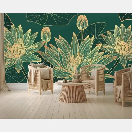 Fotomural lotos dorados sobre fondo verde – Pixers®