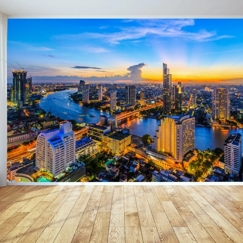 Fotomural atardecer urbano sobre el río iluminado