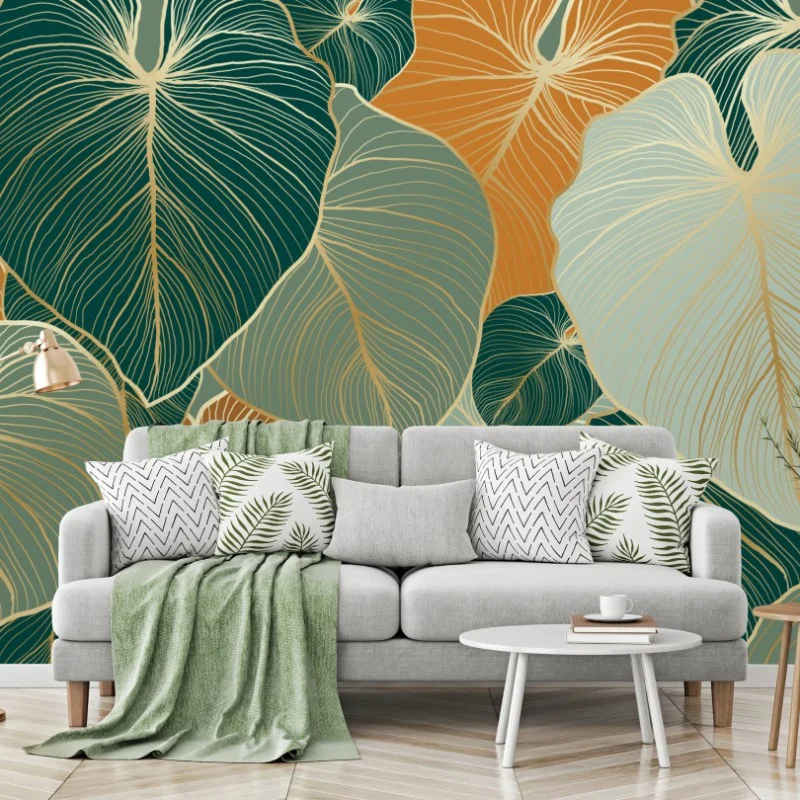 Fotomural patrón de hojas tropicales en tonos verdes y dorados