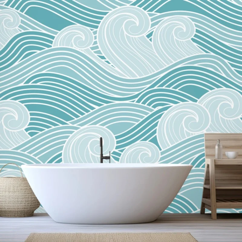 Fotomural mural de olas estilizadas en tonos turquesa