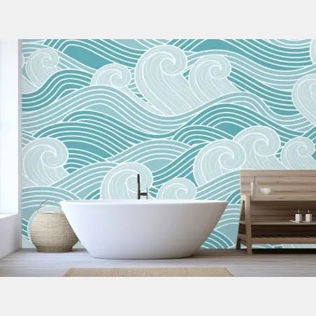 Fotomural mural de olas estilizadas en tonos turquesa – Pixers®