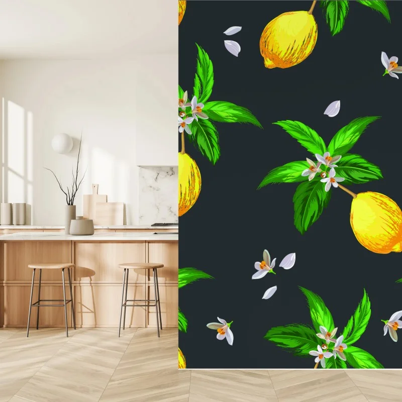 Fotomural estampado de limones y flores sobre fondo oscuro