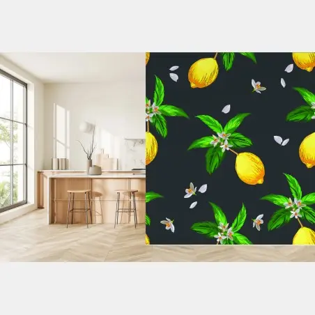 Fotomural estampado de limones y flores sobre fondo oscuro – Pixers®