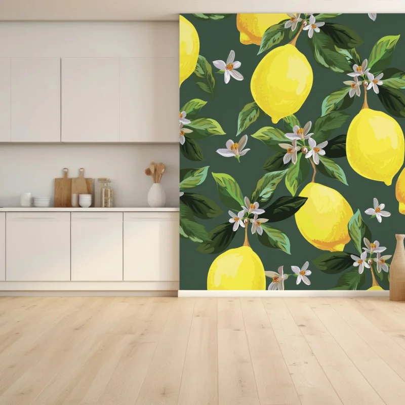 Fotomural estampado de limones y flores sobre fondo verde