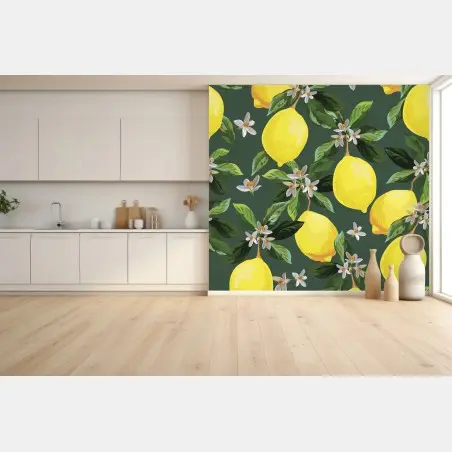 Fotomural estampado de limones y flores sobre fondo verde – Pixers®