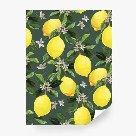 Fotomural estampado de limones y flores sobre fondo verde – Pixers®