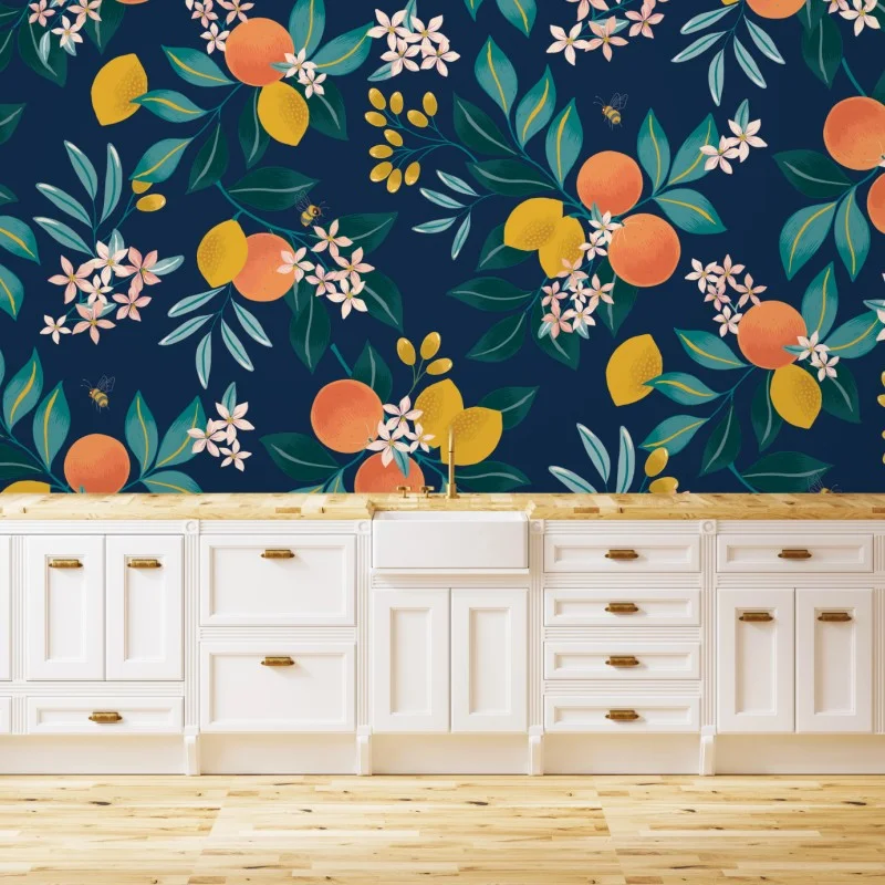 Fotomural patrón cítrico con naranjas y limones sobre fondo azul