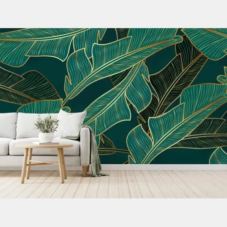 Fotomural diseño de hojas tropicales doradas sobre fondo verde oscuro – Pixers®