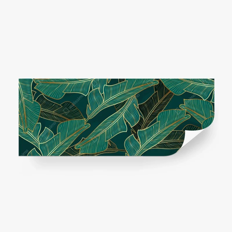 Fotomural diseño de hojas tropicales doradas sobre fondo verde oscuro