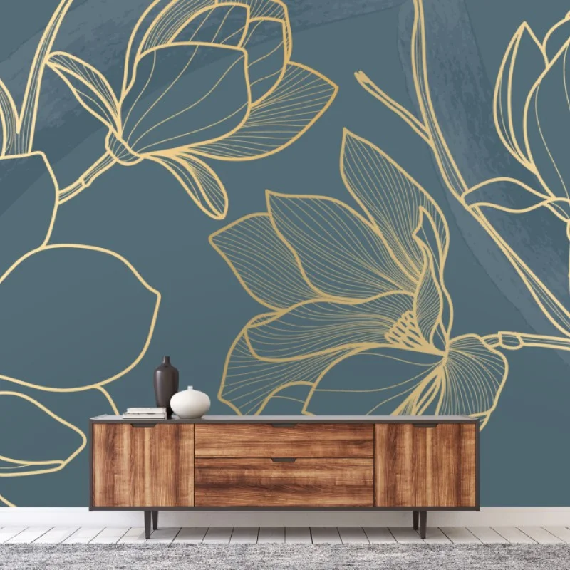 Fotomural magnolias en trazos dorados sobre fondo azul