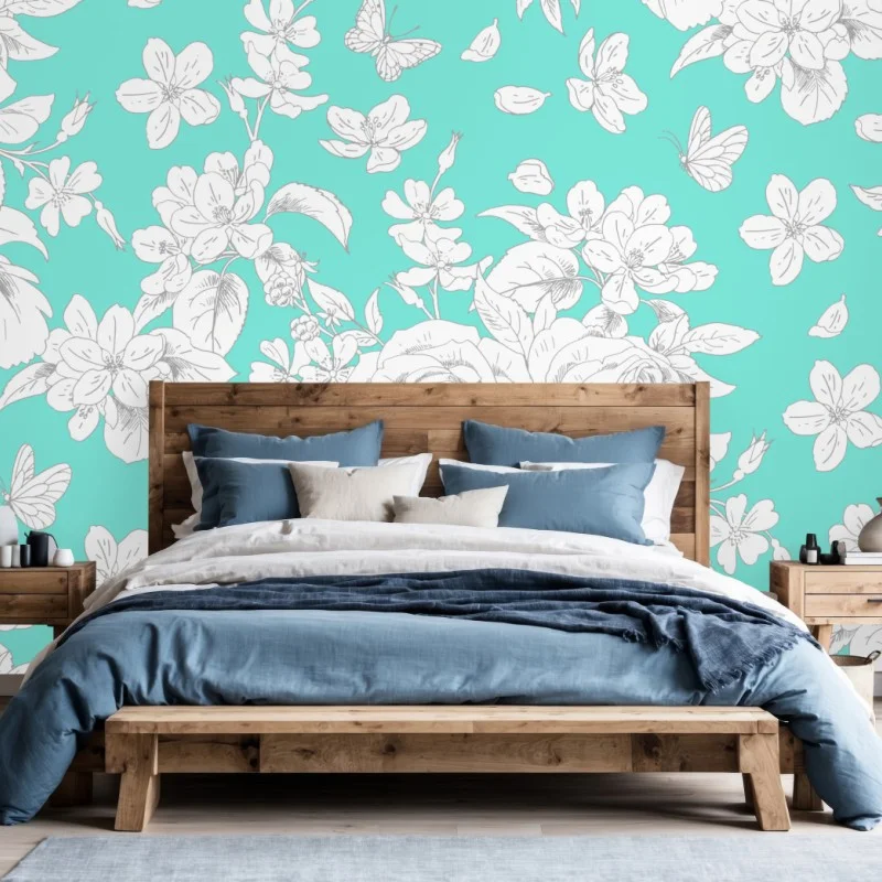 Fotomural estampado floral vintage en turquesa