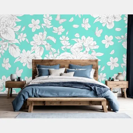 Fotomural estampado floral vintage en turquesa – Pixers®