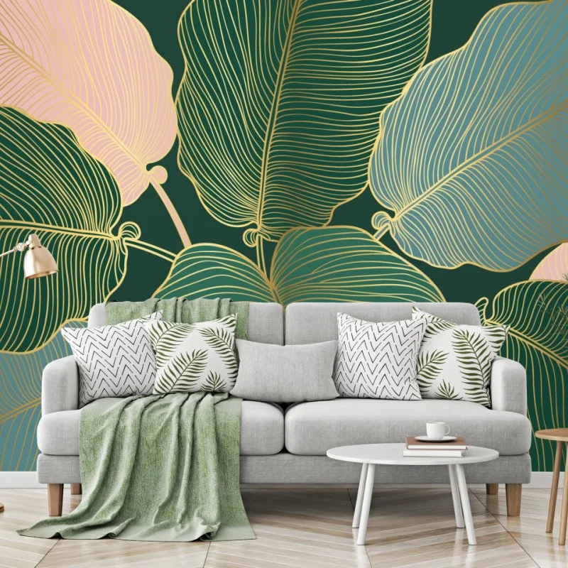 Fotomural hojas tropicales con líneas doradas