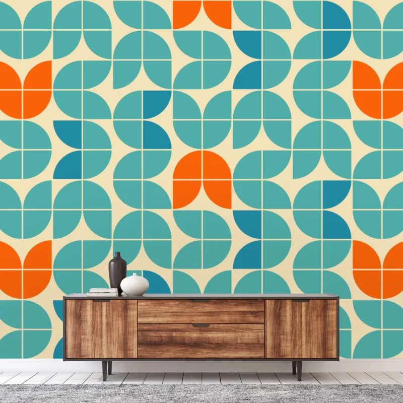 Fotomural mosaico geométrico mid-century en tonos turquesa y naranja