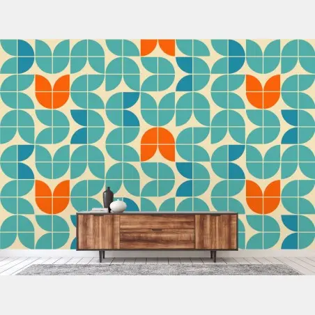 Fotomural mosaico geométrico mid-century en tonos turquesa y naranja – Pixers®