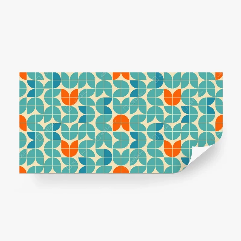 Fotomural mosaico geométrico mid-century en tonos turquesa y naranja