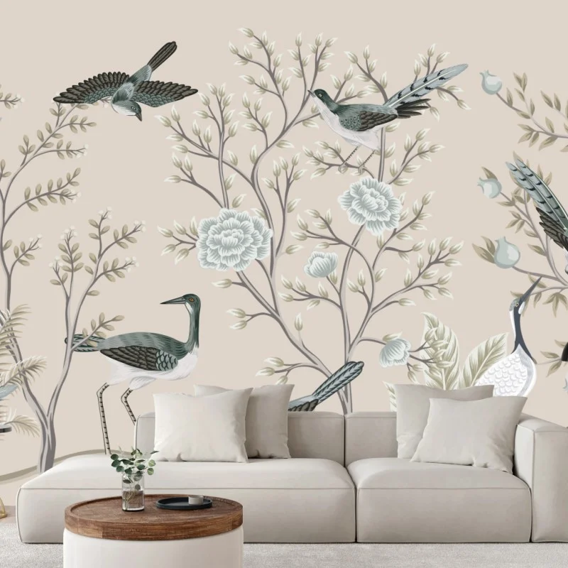 Fotomural escena de aves y flores en tonos neutros