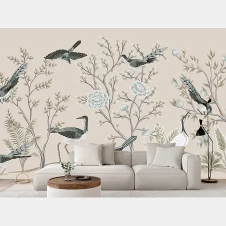 Fotomural escena de aves y flores en tonos neutros – Pixers®