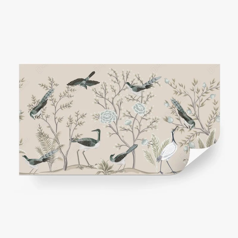 Fotomural escena de aves y flores en tonos neutros