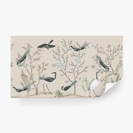 Fotomural escena de aves y flores en tonos neutros – Pixers®