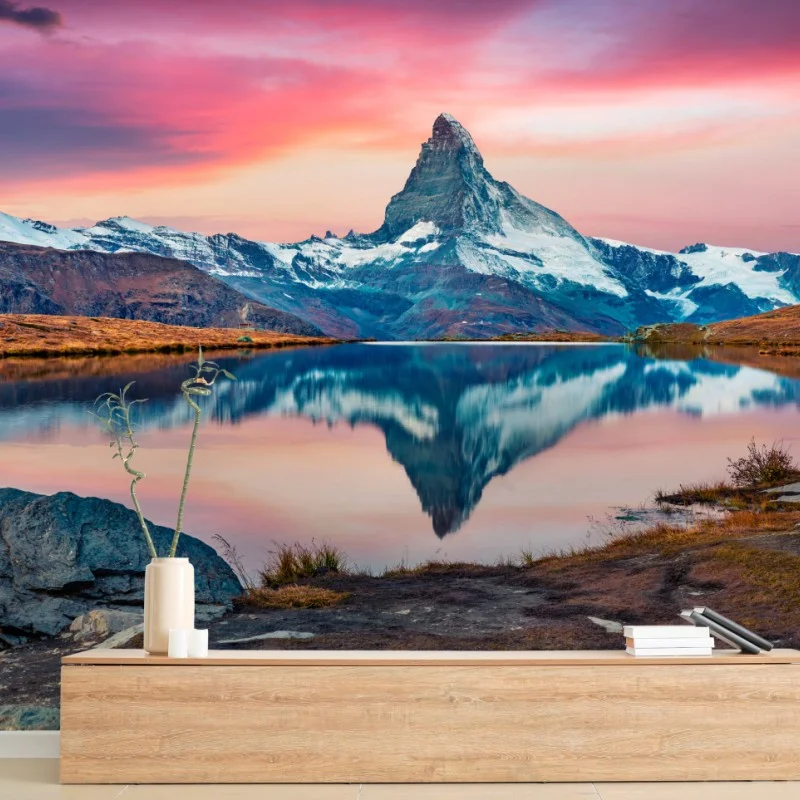 Fotomural amanecer sobre Stellisee y Matterhorn