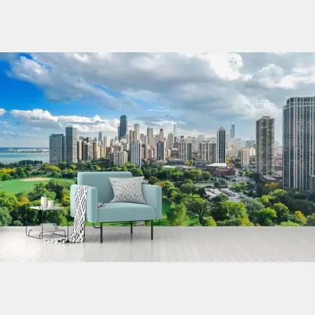 Fotomural panorama urbano de Chicago con parque y lago – Pixers®