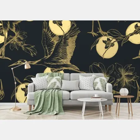 Fotomural estampado elegante de garzas y flores doradas sobre fondo oscuro – Pixers®