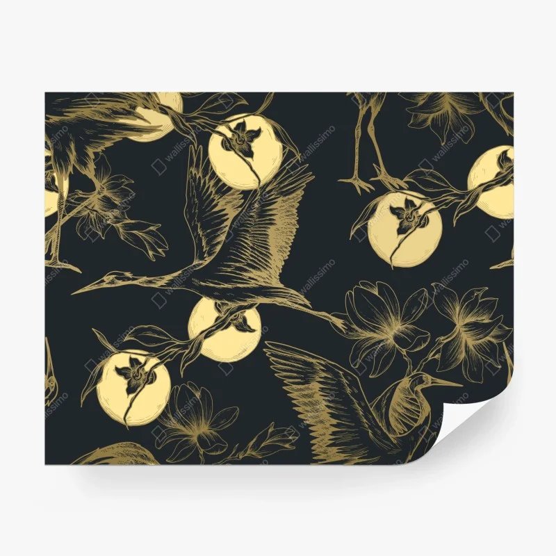 Fotomural estampado elegante de garzas y flores doradas sobre fondo oscuro