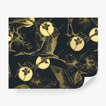 Fotomural estampado elegante de garzas y flores doradas sobre fondo oscuro – Pixers®