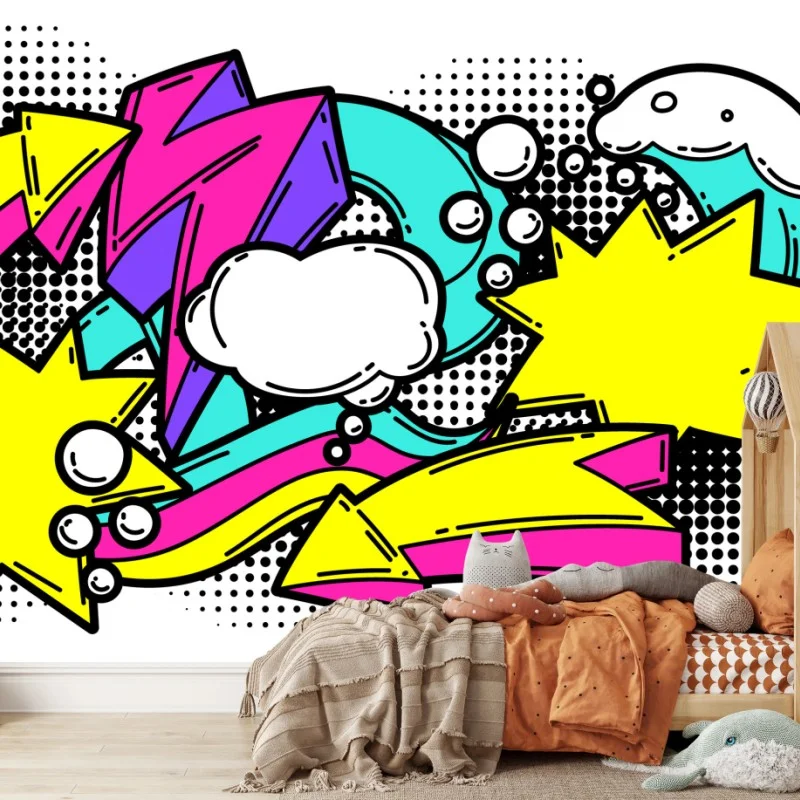 Fotomural explosión pop art colorida con flechas y estrellas