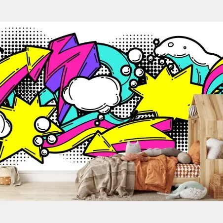Fotomural explosión pop art colorida con flechas y estrellas – Pixers®