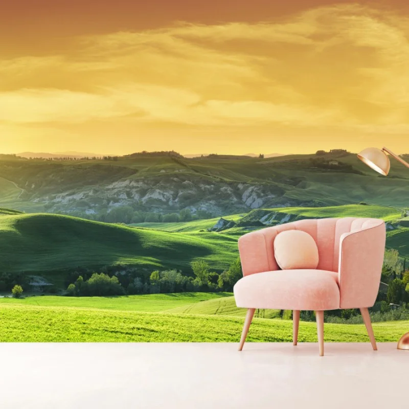 Fotomural panorama de colinas de la Toscana al atardecer