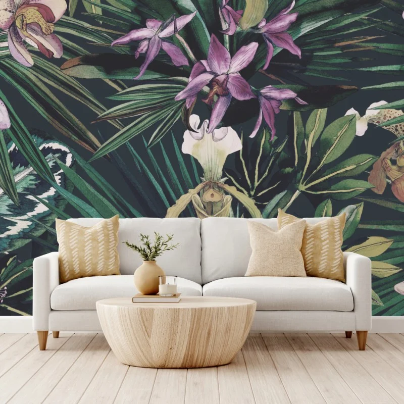 Fotomural orquídeas y palmas en acuarela