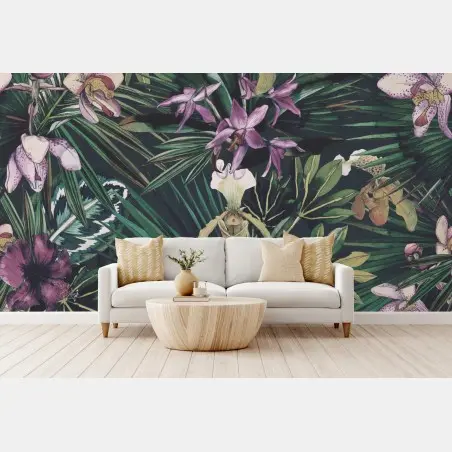 Fotomural orquídeas y palmas en acuarela – Pixers®