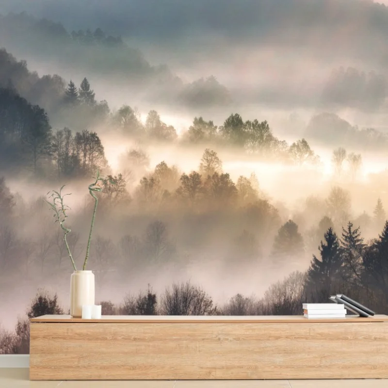 Fotomural paisaje de niebla en colinas al amanecer