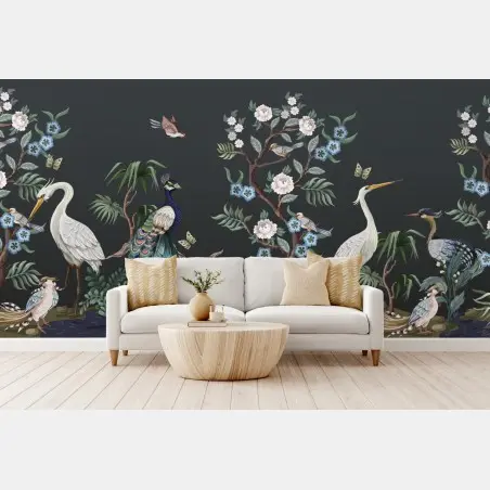 Fotomural aves exóticas y flores sobre fondo oscuro – Pixers®