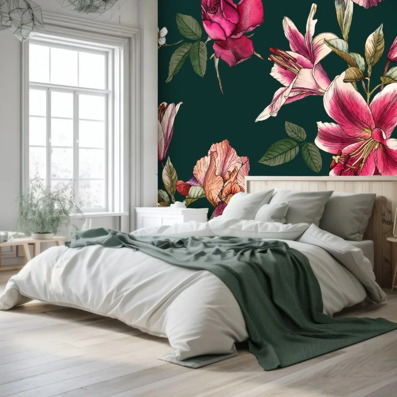 Fotomural estampado floral vintage en tonos rosa y verde oscuro