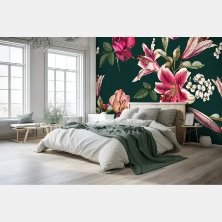 Fotomural estampado floral vintage en tonos rosa y verde oscuro – Pixers®