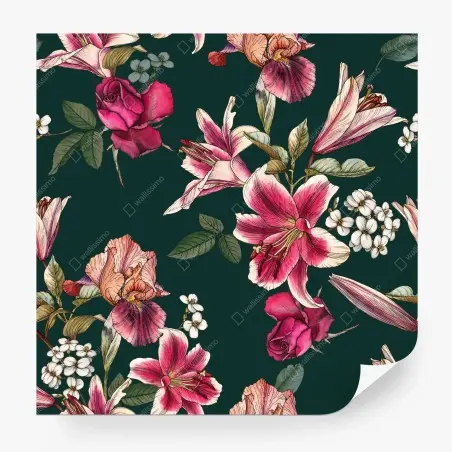 Fotomural estampado floral vintage en tonos rosa y verde oscuro – Pixers®