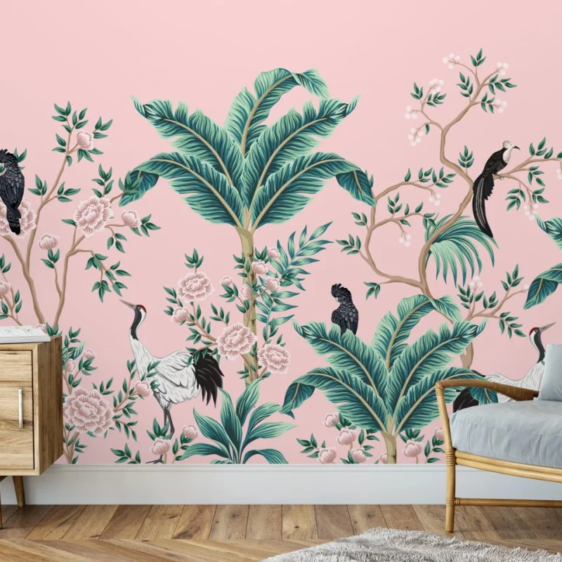 Fotomural escena tropical de aves y flores sobre fondo rosa