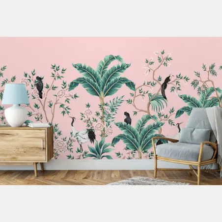 Fotomural escena tropical de aves y flores sobre fondo rosa – Pixers®