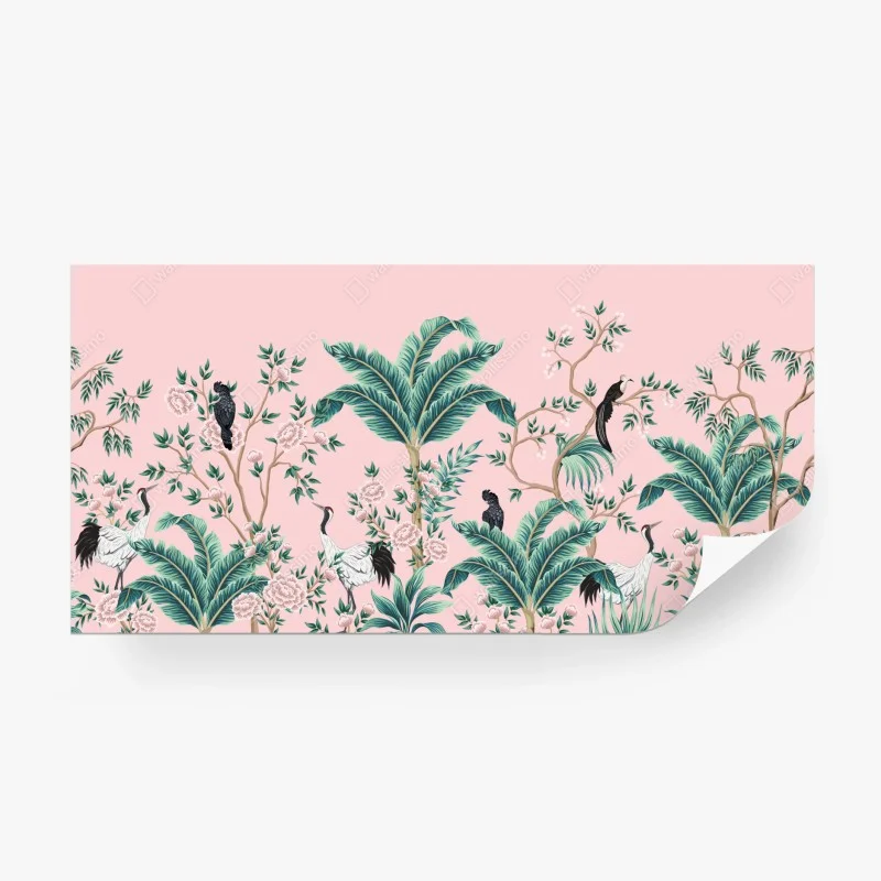 Fotomural escena tropical de aves y flores sobre fondo rosa