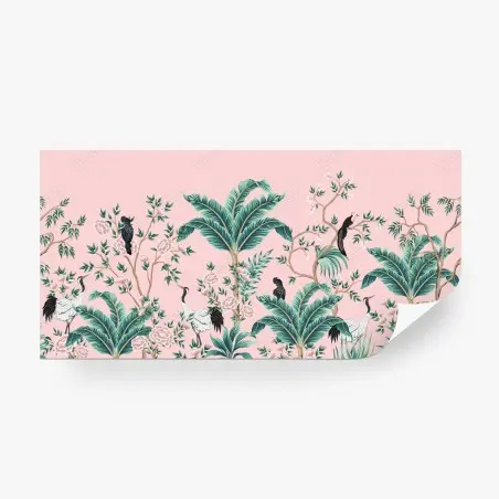 Fotomural escena tropical de aves y flores sobre fondo rosa – Pixers®