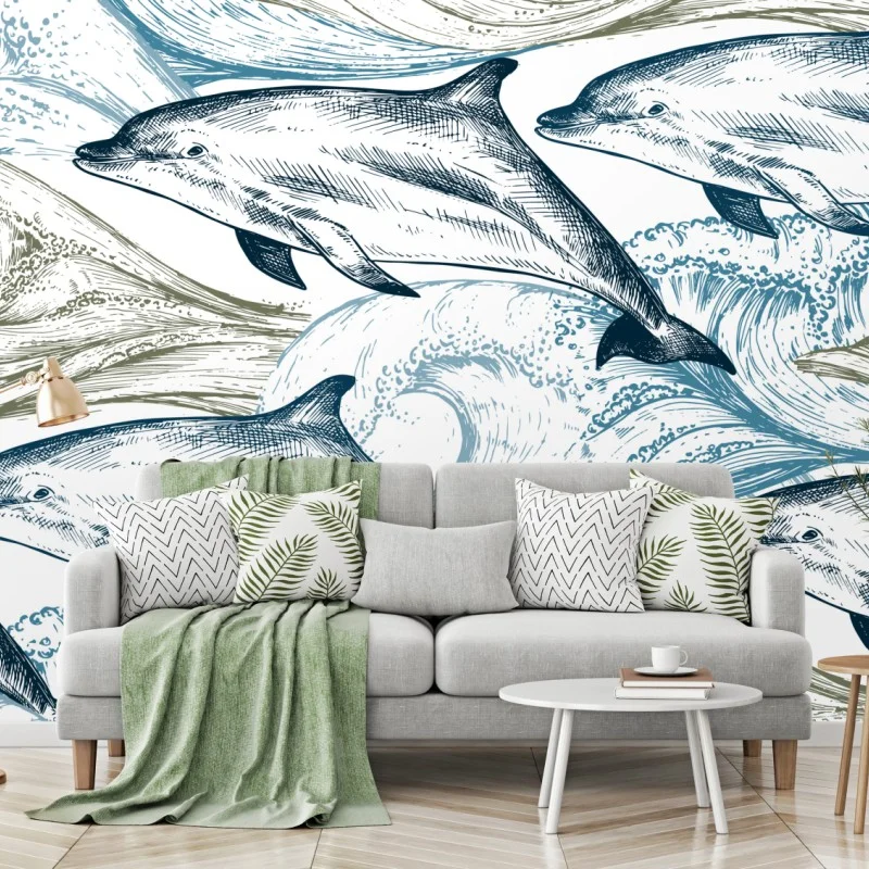 Fotomural delfines y olas en estilo grabado