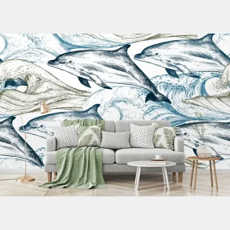 Fotomural delfines y olas en estilo grabado – Pixers®