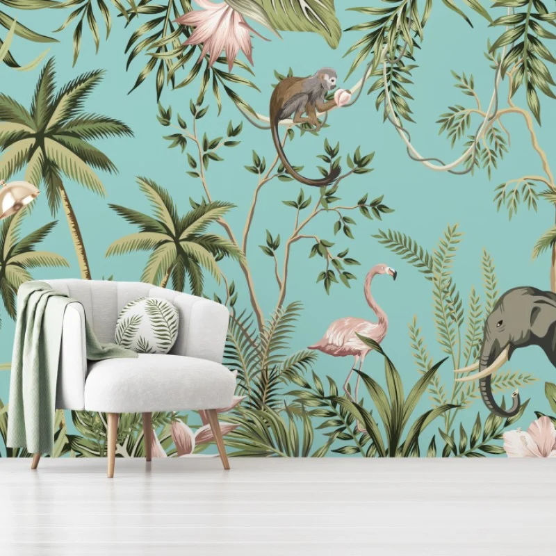 Fotomural escena tropical con elefante y flamenco