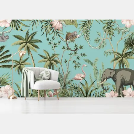 Fotomural escena tropical con elefante y flamenco – Pixers®