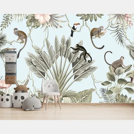 Fotomural selva tropical en tonos pastel estilo vintage – Pixers®