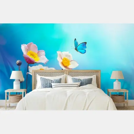 Fotomural anémonas y mariposa azul sobre fondo turquesa – Pixers®