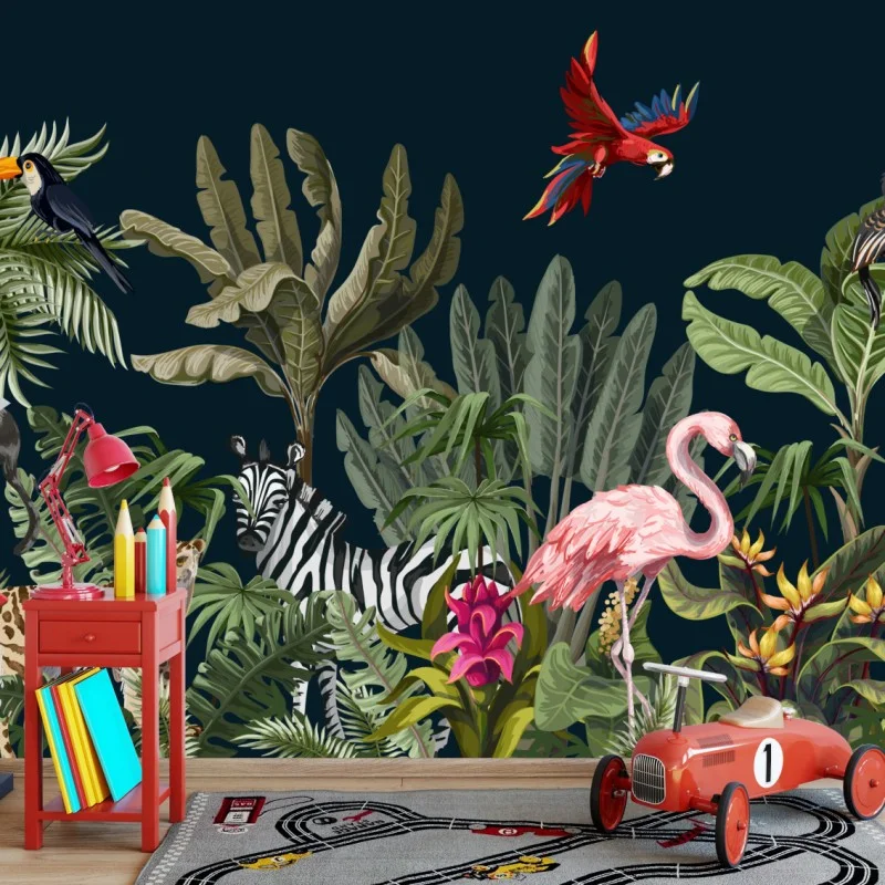 Fotomural escena selvática de fauna y vegetación tropical